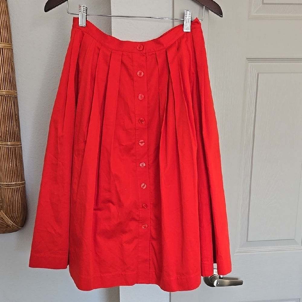 Coral Red Button-Front Skirt Preppy Academia Minimalist - Picture 6 of 9